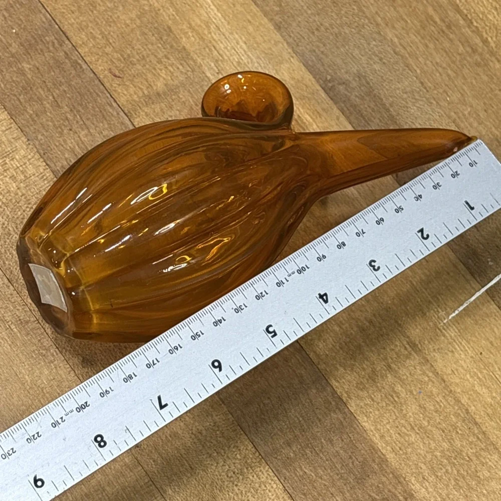 Vintage MCM Amber Tangerine Art Glass Pitcher Vase Ribbed Loop Handle Italian